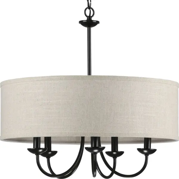 This five-light chandelier combines rustic farmhouse charm with transitional versatility. The harvest linen drum shade diffuses light beautifully while the black finish adds modern contrast, making it perfect for dining rooms and kitchens.