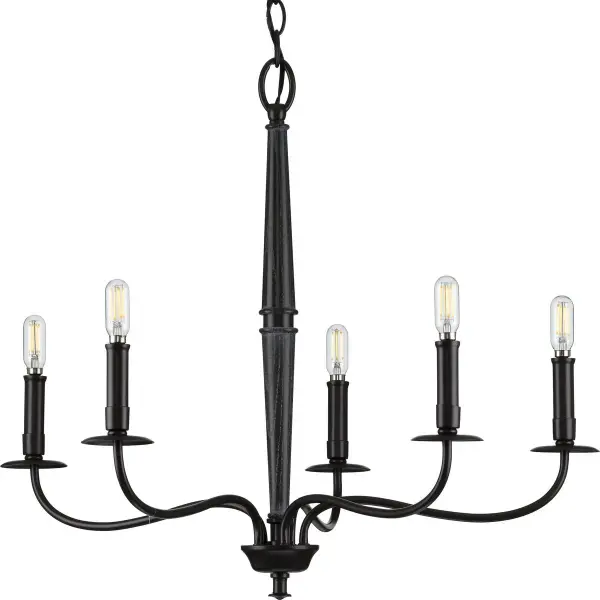 The Durrell chandelier brings relaxed coastal elegance to dining and living spaces with its five-light design and clean black finish. JA8-compliant for California energy standards, this fixture balances style and efficiency.