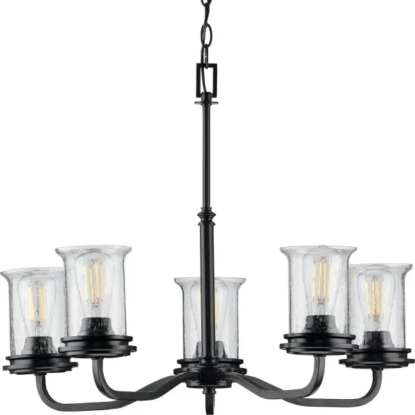 The Winslett chandelier brings relaxed coastal elegance with five clear seeded glass shades and a matte black finish. Perfect for casual dining spaces and breakfast nooks seeking character and warmth.