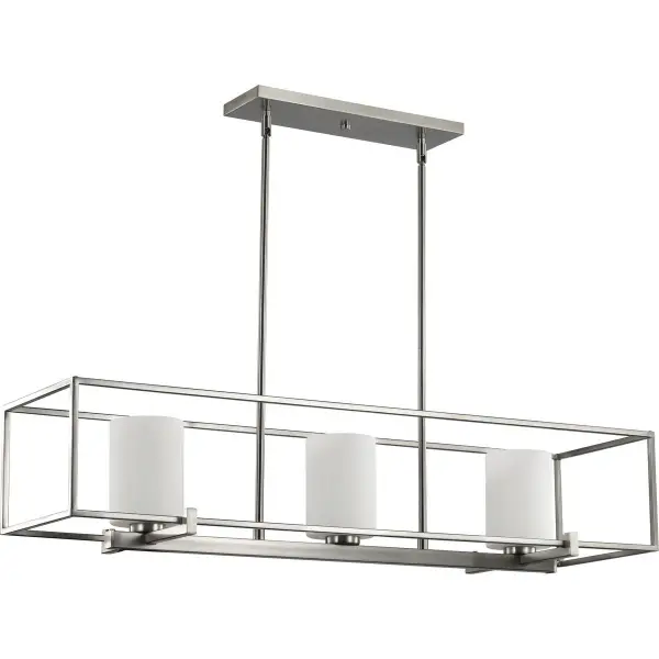 The Chadwick linear chandelier combines modern clean lines with transitional appeal through its etched opal glass shades and brushed nickel finish. Three lights provide balanced illumination perfect for dining areas and kitchen islands.