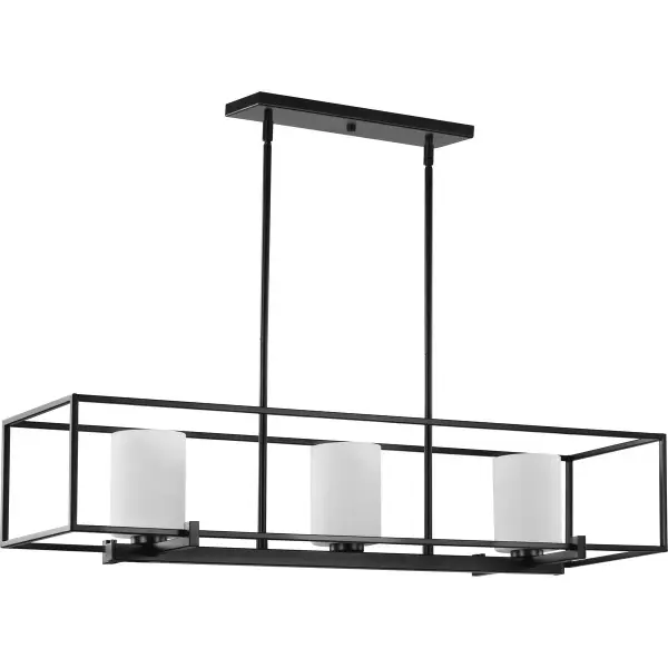 The Chadwick linear chandelier combines modern clean lines with transitional appeal through its etched opal glass shades and brushed nickel finish. Three lights provide balanced illumination perfect for dining areas and kitchen islands. - alternate view
