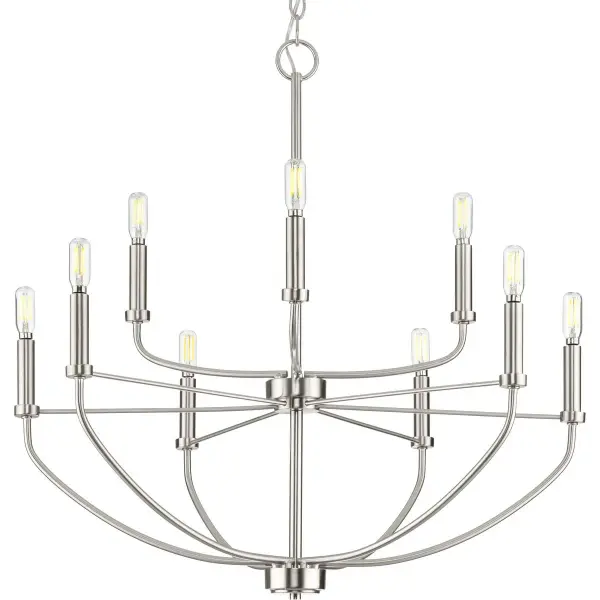 The Leyden Collection chandelier brings sophisticated lighting to large spaces with its nine-light configuration and brushed nickel finish. Perfect for transitional interiors with farmhouse or coastal influences.