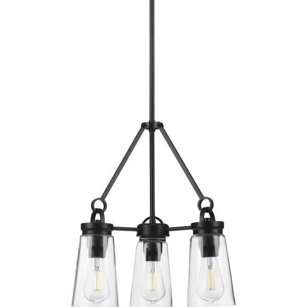 The Stockbrace chandelier blends rustic farmhouse warmth with industrial simplicity. Three clear glass shades and black metal framework create an inviting focal point perfect for intimate dining spaces and breakfast nooks.
