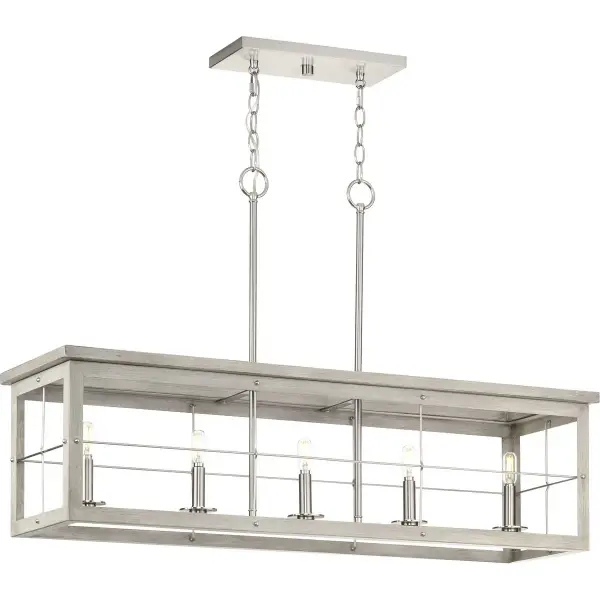 The Hedgerow five-light linear chandelier brings coastal farmhouse charm with its brushed nickel finish. Perfect for kitchen islands and dining tables, this fixture combines rustic character with versatile styling. - alternate view