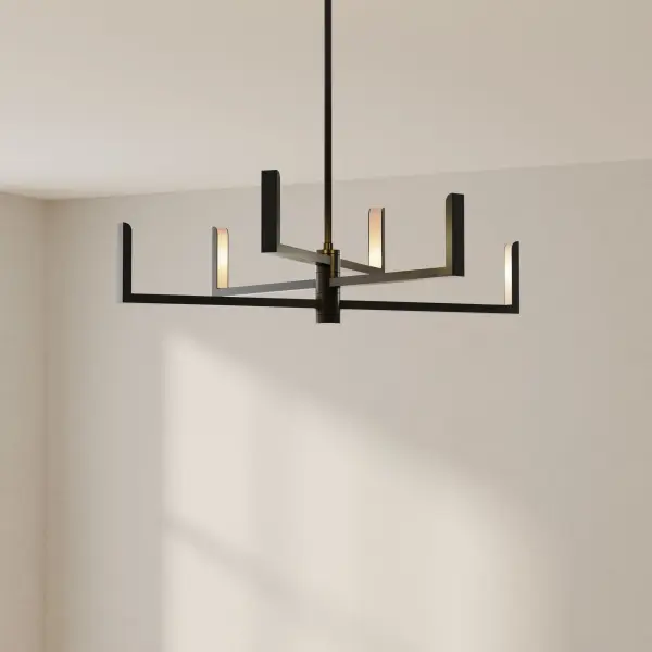 The Pivot LED Chandelier combines mid-century modern aesthetics with energy-efficient LED technology. Six adjustable arms with integrated downlight provide both ambient and task lighting in a clean satin white finish. - alternate view