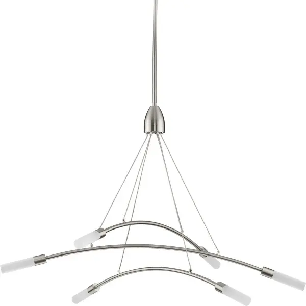 The Kylo LED chandelier combines energy-efficient LED technology with frosted acrylic shades and brushed nickel finish. Its six-light configuration provides ample illumination while the mid-century modern design adds sophisticated style to dining rooms and kitchens.