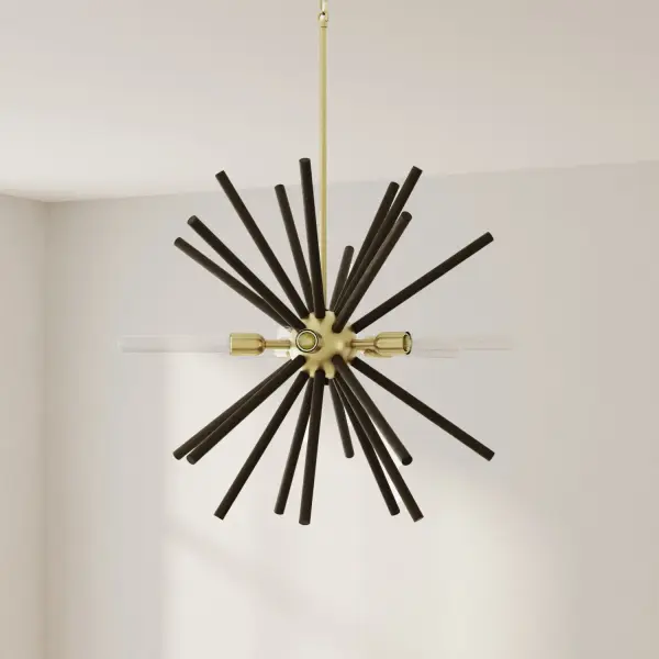 The Thorpe five-light chandelier blends mid-century modern aesthetics with global design influences. Its brushed nickel finish offers versatility across various interior styles, making it suitable for both residential and light commercial spaces.