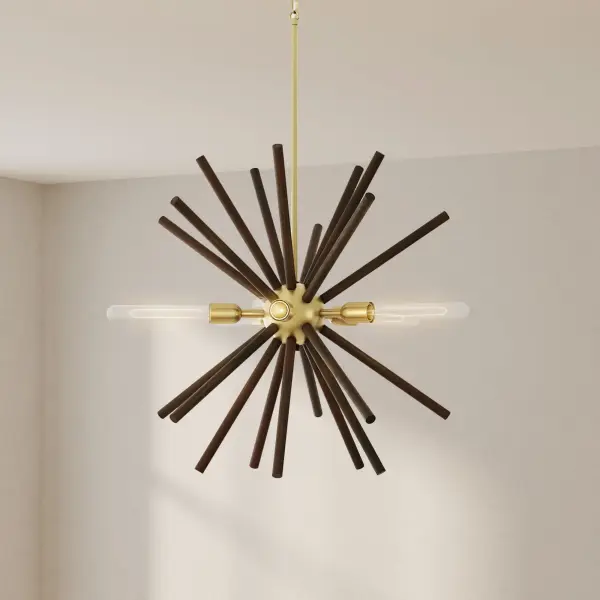 The Thorpe five-light chandelier blends mid-century modern aesthetics with global design influences. Its brushed nickel finish offers versatility across various interior styles, making it suitable for both residential and light commercial spaces. - alternate view