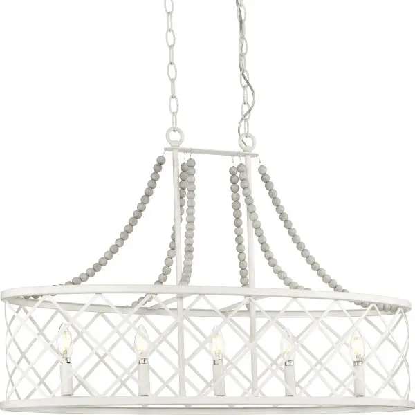 The Bissett 5-Light Island Chandelier brings cottage charm to your kitchen or dining space with its clean white finish and linear design. California Title 24 compliant and energy-efficient, it's perfect for modern homes.