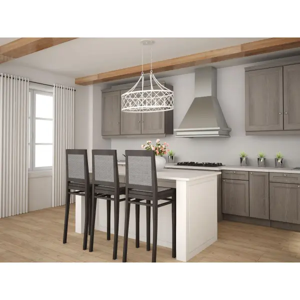 The Bissett 5-Light Island Chandelier brings cottage charm to your kitchen or dining space with its clean white finish and linear design. California Title 24 compliant and energy-efficient, it's perfect for modern homes. - alternate view