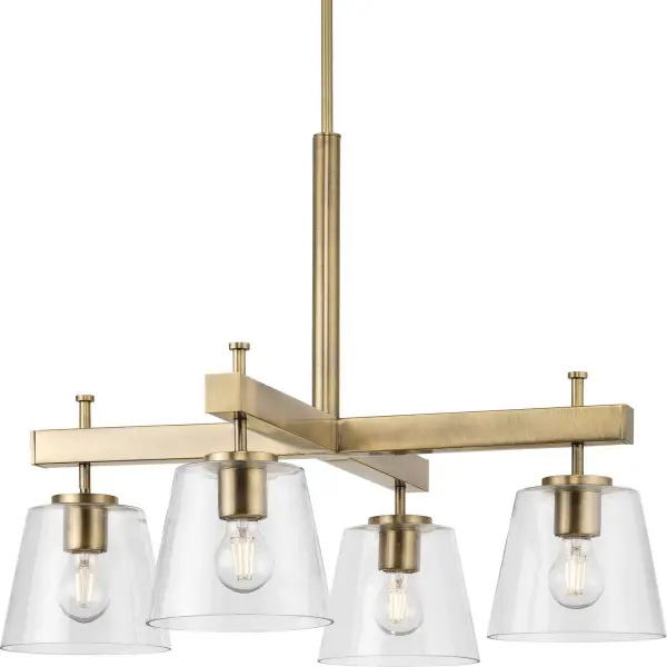 The Saffert chandelier combines industrial charm with refined clear glass shades and brushed nickel finish. Four lights provide ample illumination while the transparent glass maintains an open, airy feel perfect for contemporary and transitional spaces.