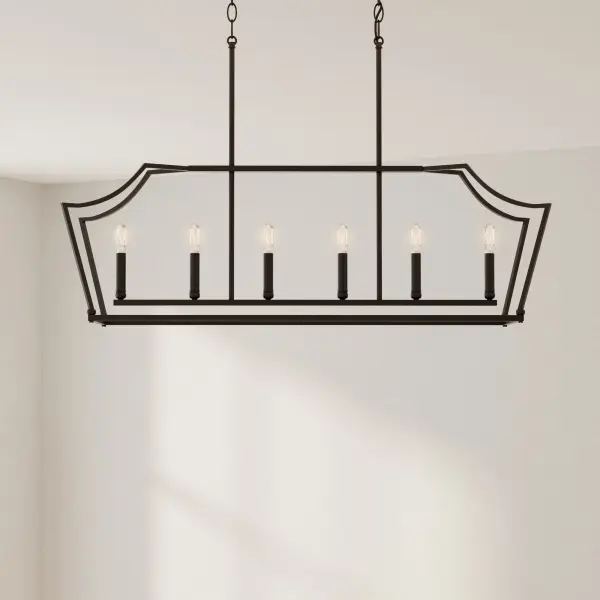 The Parkhurst six-light linear chandelier offers transitional styling with a brushed nickel finish, making it ideal for kitchen islands and dining tables. Its linear design provides even illumination across larger surfaces. - alternate view