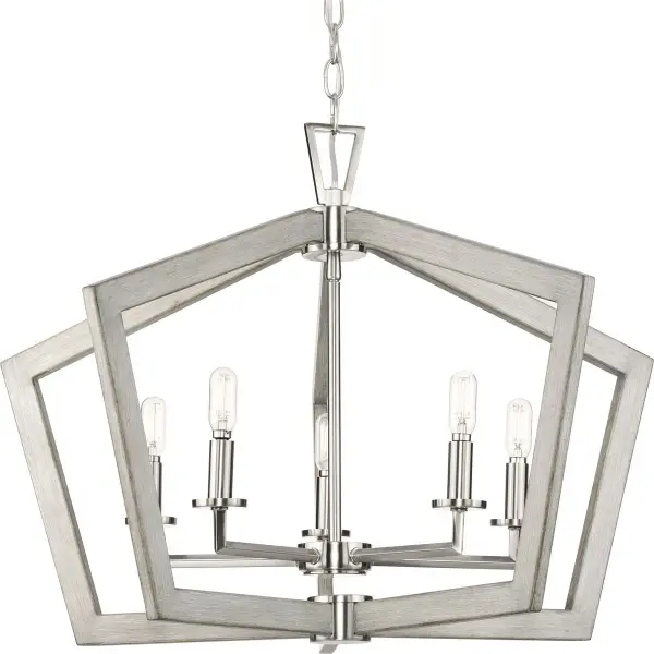 The Galloway five-light pendant combines modern farmhouse style with coastal influences, featuring a brushed nickel finish that complements various interiors. At 19.25 inches, it's perfectly sized for medium dining spaces and kitchen islands.