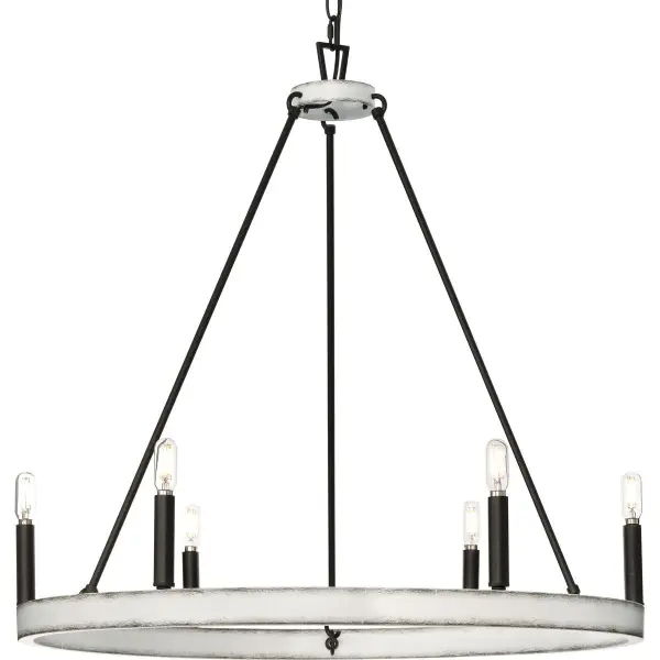 The Galloway six-light chandelier brings versatile style to any space with its matte black finish and 28.25-inch profile. Perfect for dining rooms and kitchens, this fixture blends modern farmhouse aesthetics with coastal influences. - alternate view