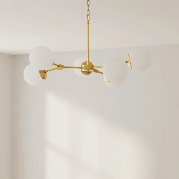 The Haas Collection chandelier brings authentic mid-century modern style with its clean lines and brushed nickel finish. Six lights provide excellent illumination for dining and kitchen spaces while maintaining an elegant, uncluttered aesthetic.