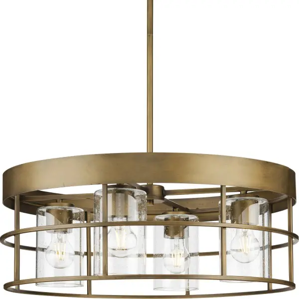 The Burgess Collection brings together modern craftsman design with rustic farmhouse appeal. This four-light chandelier features an aged bronze finish that adds warmth and character to any space, perfect for creating an inviting atmosphere.
