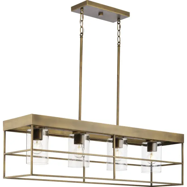 The Burgess Island Light blends modern clean lines with rustic farmhouse warmth through its aged bronze finish. Four lights provide ample illumination for kitchen islands and dining tables while the linear design creates visual balance.