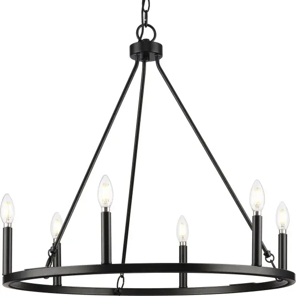 The Gilliam six-light chandelier blends transitional elegance with modern farmhouse charm. Its brushed nickel finish and clean lines make it adaptable to various interior styles while providing ample illumination for dining and living spaces.
