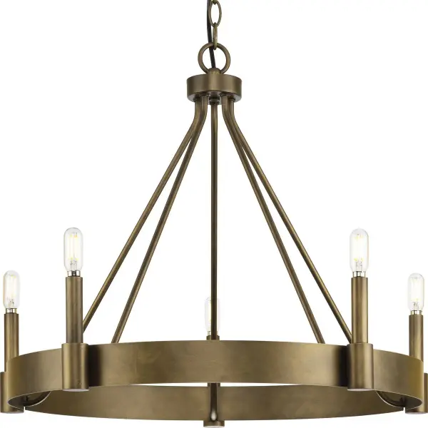 The Breckenridge chandelier blends modern craftsman design with rustic farmhouse appeal. Five lights provide ample illumination while the aged bronze finish adds warmth and character to any space. - alternate view