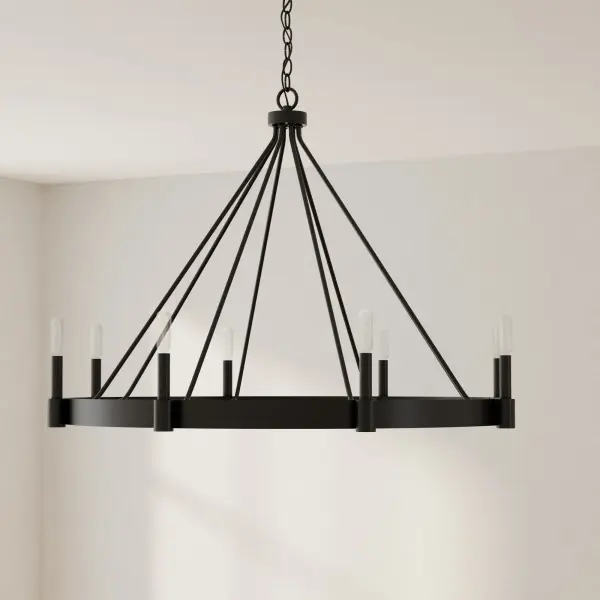 The Breckenridge chandelier combines modern craftsman design with rustic farmhouse charm. Eight lights provide ample illumination while the matte black finish adds contemporary edge to traditional spaces.