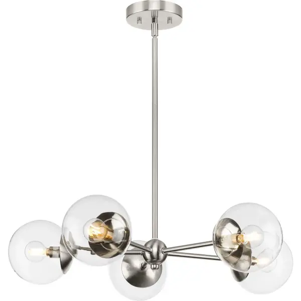 The Atwell chandelier brings timeless mid-century design to contemporary spaces with its five-light configuration and brushed nickel finish. Perfect for dining rooms and kitchen islands seeking understated elegance. - alternate view