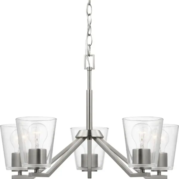 The Vertex chandelier combines contemporary design with transitional appeal, featuring five lights encased in clear glass shades and a sophisticated brushed nickel finish. California Title 24 and JA8 compliant.
