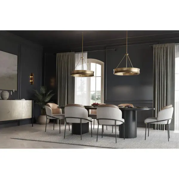 The Lusail chandelier brings refined elegance with its soft gold finish and five-light configuration. Perfect for modern dining spaces, this fixture balances industrial edge with organic warmth, creating an inviting focal point. - alternate view