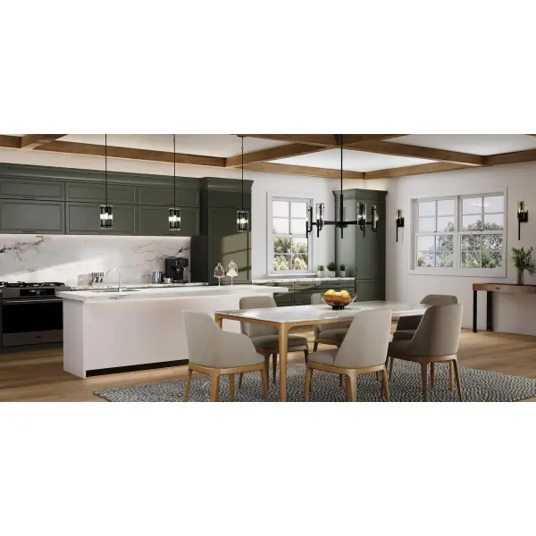 The Rivera Collection brings sophisticated modern farmhouse style with five lights in a sleek matte black finish. Perfect for dining rooms and kitchen islands, this chandelier balances rustic charm with contemporary clean lines. - alternate view