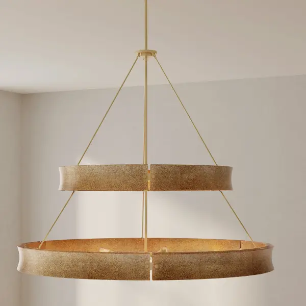 The Lusail thirteen-light chandelier brings dramatic contemporary elegance with its soft gold finish and organic modern design. Perfect for large dining rooms and grand foyers, this fixture creates a luxurious focal point. - alternate view
