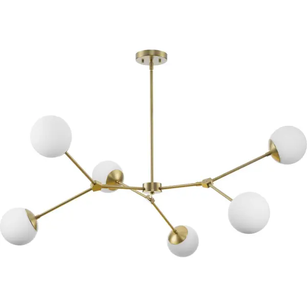 The Haas Collection chandelier brings timeless mid-century modern style with its six-light configuration and brushed nickel finish. Perfect for dining rooms and kitchen islands, this fixture combines clean lines with versatile appeal.