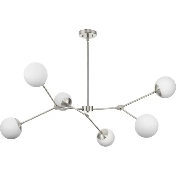 The Haas Collection chandelier brings timeless mid-century modern style with its six-light configuration and brushed nickel finish. Perfect for dining rooms and kitchen islands, this fixture combines clean lines with versatile appeal. - alternate view