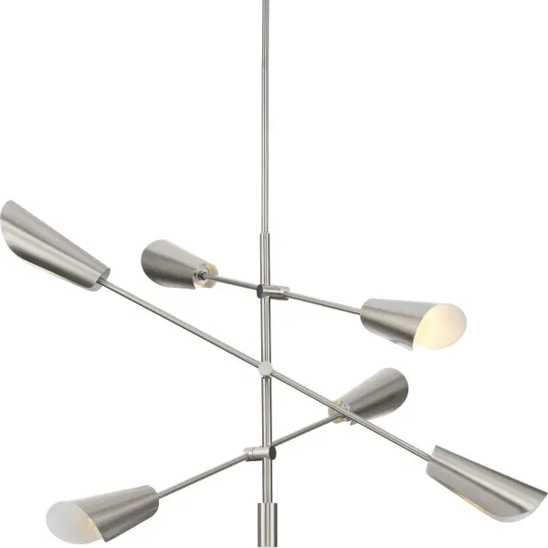 The Cornett chandelier brings contemporary sophistication to dining and kitchen spaces with its six-light configuration and brushed nickel finish. Its modern design complements both residential and light commercial settings.