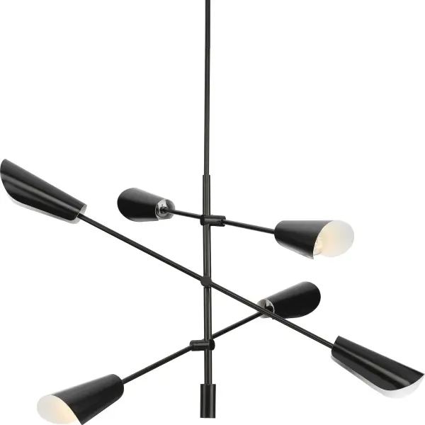 The Cornett chandelier brings contemporary sophistication to dining and kitchen spaces with its six-light configuration and brushed nickel finish. Its modern design complements both residential and light commercial settings. - alternate view