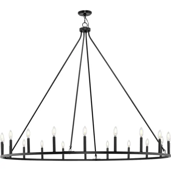 The Gilliam Collection chandelier makes a bold architectural statement with twenty lights arranged in a contemporary transitional design. The matte black finish provides sophisticated contrast while the generous scale commands attention in large spaces.