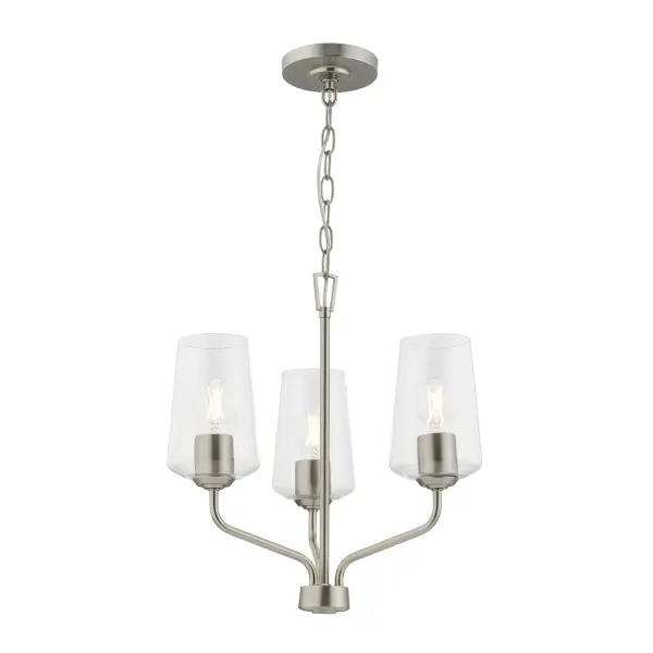 The Celino three-light chandelier combines transitional styling with contemporary appeal. Its brushed nickel finish and glass shades create a sophisticated look perfect for dining areas and smaller spaces.