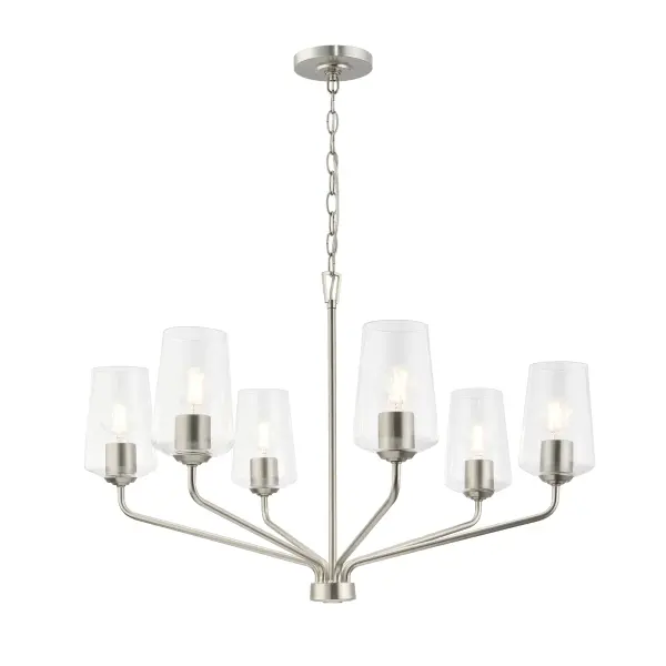 The Celino chandelier combines clean lines with transitional styling, featuring six lights in a brushed nickel finish. Its moderate size and neutral finish make it adaptable to various interior styles and room settings.