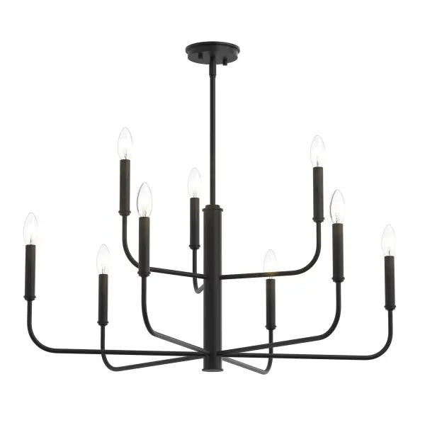 The Reines nine-light chandelier combines transitional elegance with contemporary clean lines. Its brushed nickel finish and linear design make it ideal for kitchen islands and dining tables in larger spaces.
