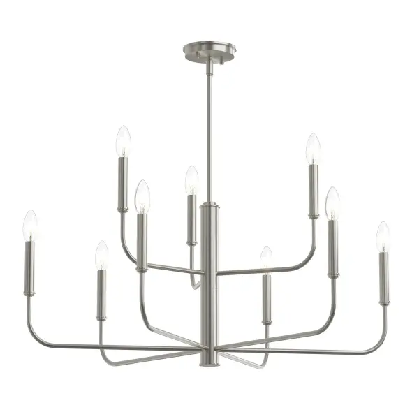 The Reines nine-light chandelier combines transitional elegance with contemporary clean lines. Its brushed nickel finish and linear design make it ideal for kitchen islands and dining tables in larger spaces. - alternate view