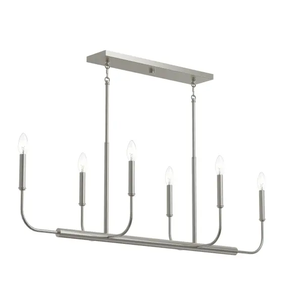 The Reines four-light linear chandelier combines clean lines with a sophisticated brushed nickel finish, making it an ideal choice for kitchen islands and dining spaces. Its transitional design bridges traditional and contemporary styles.