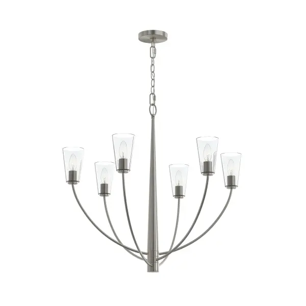 The Jheni chandelier brings updated transitional style with its brushed nickel finish and six-light configuration. Perfect for medium-sized spaces, it balances contemporary clean lines with timeless appeal.
