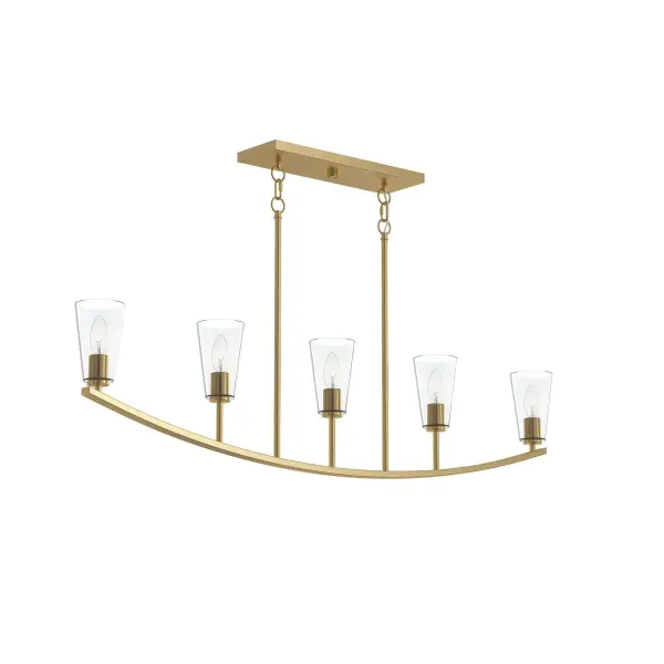 The Jheni linear chandelier brings updated transitional style with five lights arranged in a clean, horizontal configuration. Its brushed nickel finish offers versatile appeal that complements both modern and traditional interiors.
