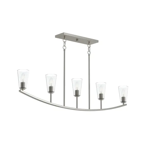 The Jheni linear chandelier brings updated transitional style with five lights arranged in a clean, horizontal configuration. Its brushed nickel finish offers versatile appeal that complements both modern and traditional interiors. - alternate view
