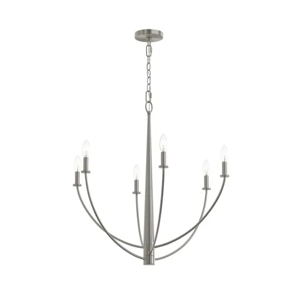 The Jheni chandelier combines contemporary design with transitional versatility in a brushed nickel finish. Six lights provide ample illumination for dining and living spaces while maintaining an updated, clean aesthetic.