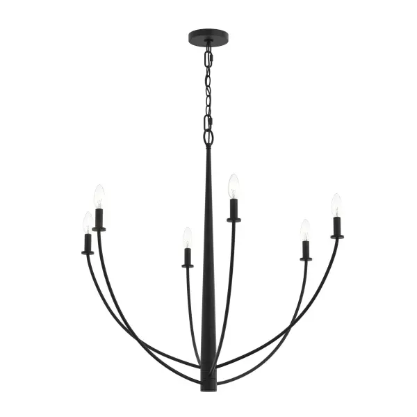 The Jheni chandelier brings contemporary elegance with six lights in a sleek matte black finish. Its updated transitional design works beautifully in dining rooms, kitchens, and living spaces, offering both style and functionality.
