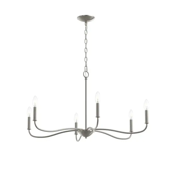 The Ilia chandelier brings sophisticated lighting to dining rooms and living spaces with its six-light design and versatile brushed nickel finish. Perfect for transitional interiors seeking classic elegance.