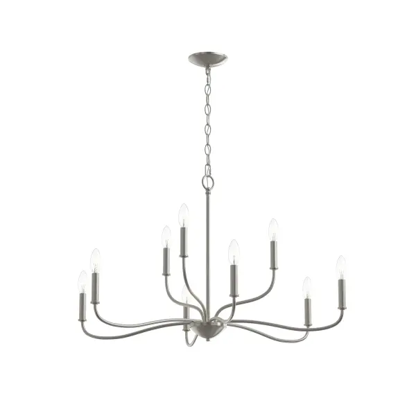 The Ilia Nine-Light Chandelier combines traditional elegance with contemporary simplicity. Its brushed nickel finish and nine-light configuration provide ample illumination while creating a sophisticated focal point.