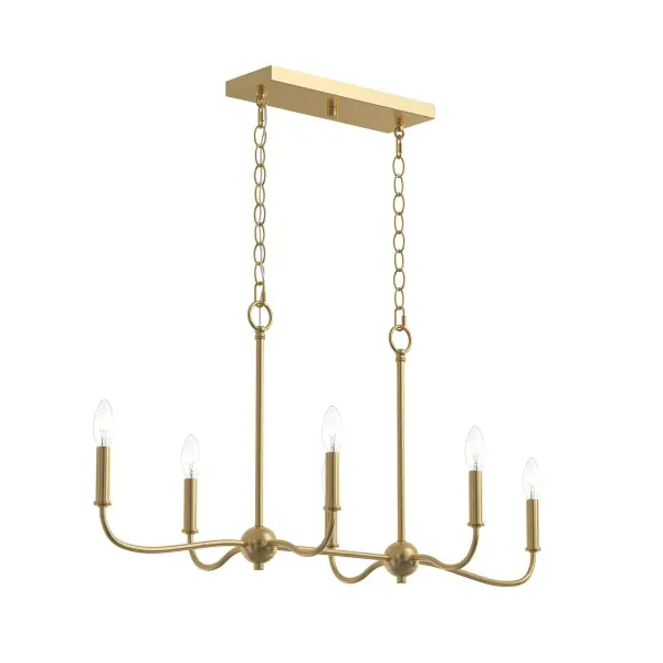 The Ilia six-light chandelier combines clean lines with transitional styling in a brushed nickel finish. Perfect for kitchen islands and dining spaces, it offers balanced illumination with contemporary sophistication.