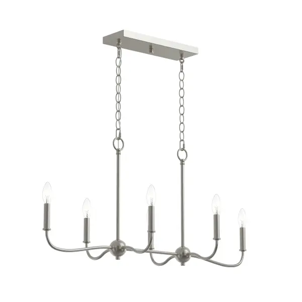 The Ilia six-light chandelier combines clean lines with transitional styling in a brushed nickel finish. Perfect for kitchen islands and dining spaces, it offers balanced illumination with contemporary sophistication. - alternate view