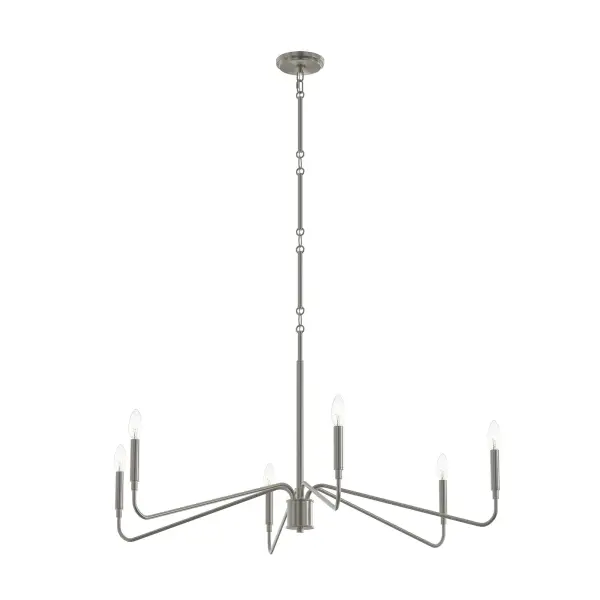 The Pilar chandelier brings sophisticated transitional style with its six-light design and brushed gold finish. Perfect for dining rooms and living spaces, it balances traditional elegance with contemporary appeal.