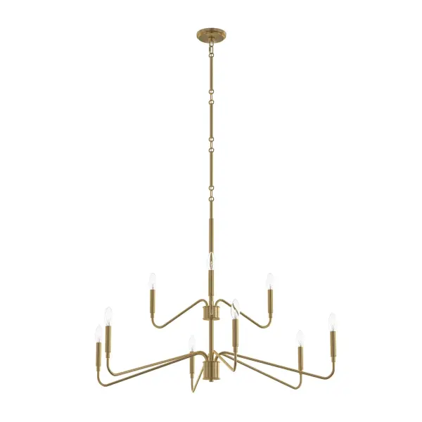 The Pilar Nine-Light Chandelier combines classic elegance with contemporary simplicity in a brushed nickel finish. Perfect for large dining rooms and grand foyers, this substantial fixture provides ample illumination. - alternate view